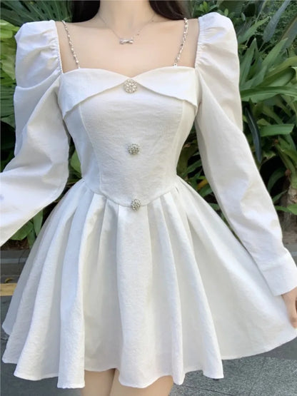 Korean Style Mini Dress Long Sleeve Square Collar Spring High Waist Female Birthday Party Vestidos Mujer
