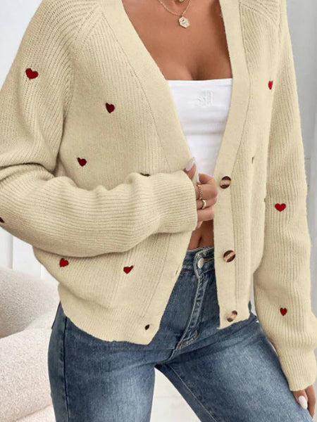 Heart Embroidery V-neck Knit Cardigan