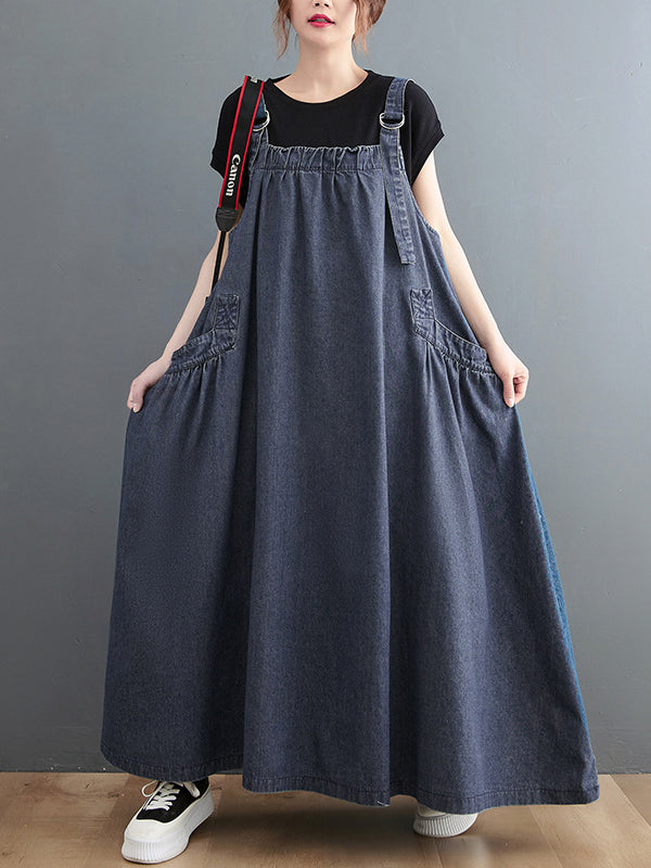 Loose Artistic Retro Color Strap Denim Midi Dress