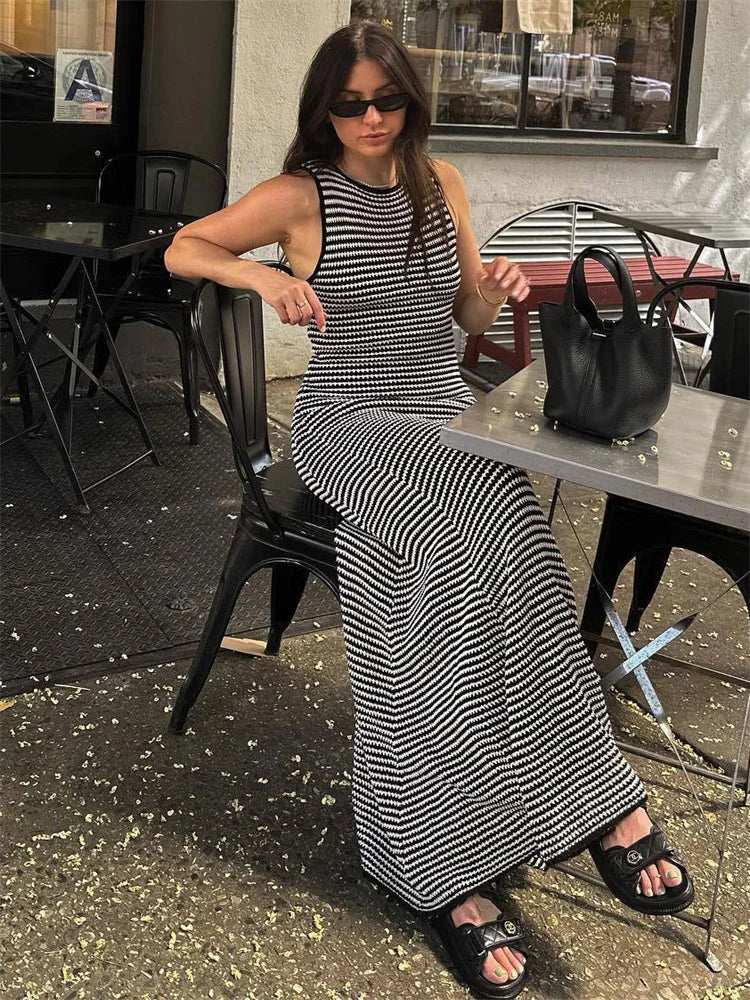 Striped Sleeveless Slim Maxi Dress Female Hollow Out Patchwork Holiday Beach Dress ’s High Waist Dress