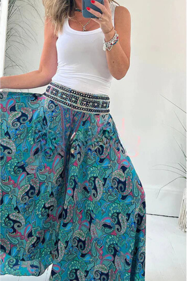 Paisley Print Elastic Patchwork Waist Pocketed Lightweight Pants