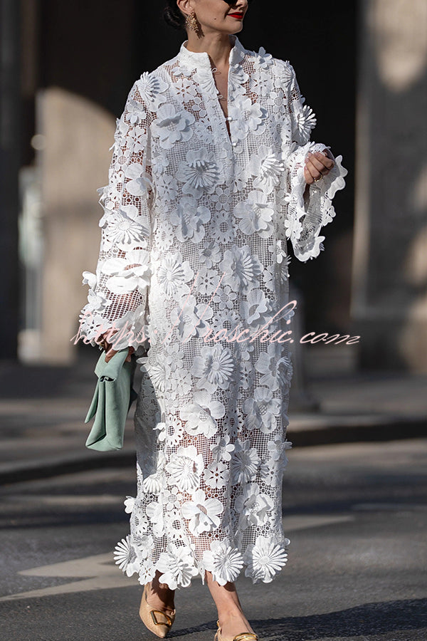 Color Hollow Embroidery Loose Long Sleeve Midi Dress