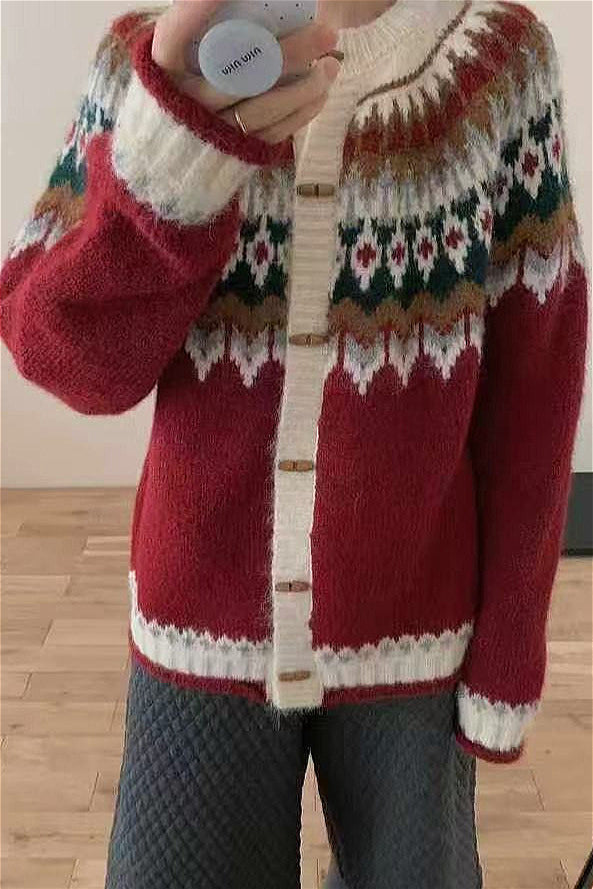 Crew Neck Fair Isle Horn Button Knit Cardigan