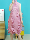 Sleeveless Irregularity Pleated Color Stand Collar Midi Dresses