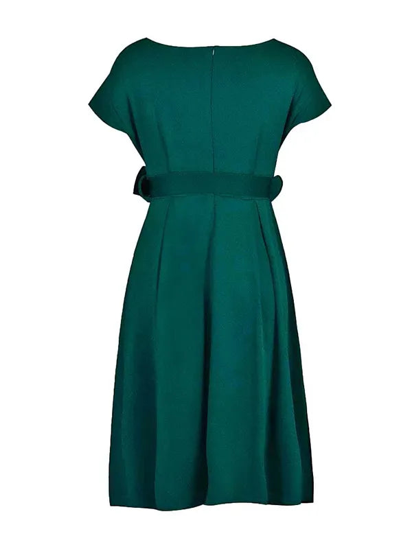 Bowknot Lace-up Color V-neck Midi Dresses