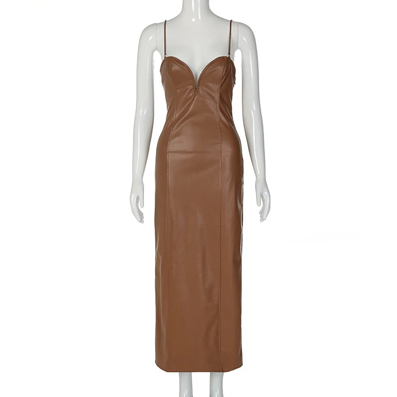 Sling Pu Faux Leather Slit Fit Long Dress Y2k Party Club Vacation Birthday Summer Clothing