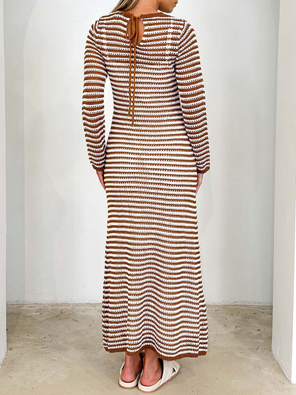High Waisted Long Sleeves Contrast Color Striped Tied Round-neck Midi Dresses Sweater Dresses