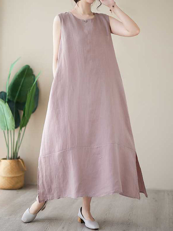 A-line Loose Color Round-neck Midi Dresses