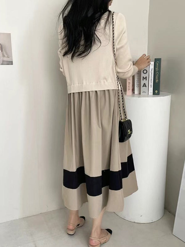 A-line Long Sleeves Pleated Split-joint Round-neck Midi Dresses