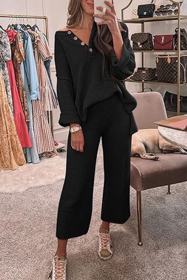 Heather Hailey Color Button V Neck Top and Pant Two Piece Set
