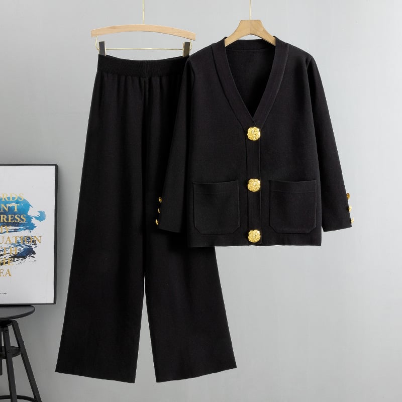 Azaria – Metal Button Wool Sweater Pants Suit