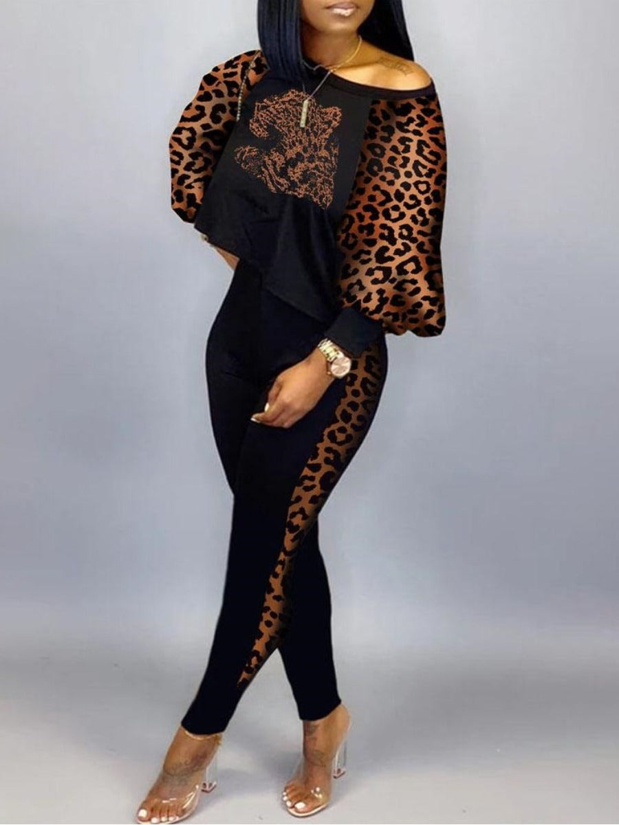 Crop Top Leopard Print Skinny Pants Set At9052