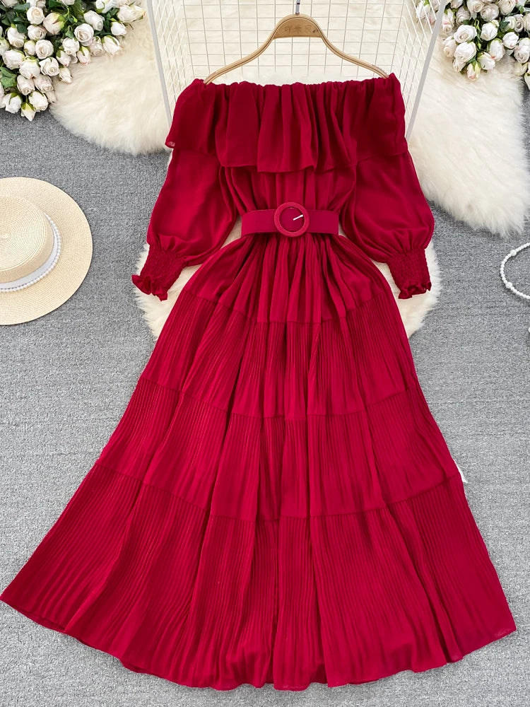 Off Shoulder Dress Chiffon Summer Sweet Lotus Leaf Edge Pleated Dresses Evening Party Long Dress