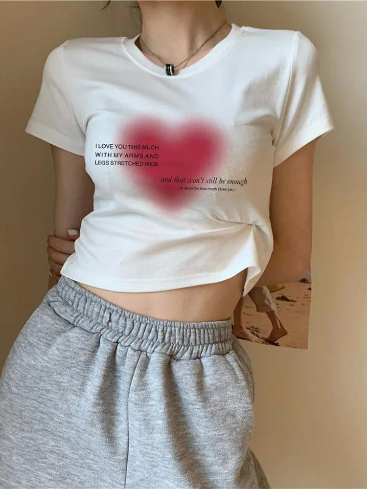 Aesthetic Heart Print T-shirt Anime Letter Kawaii 90’s Crop Tops Summer Short Sleeve Tees Kpop Y2k Clothes Lady