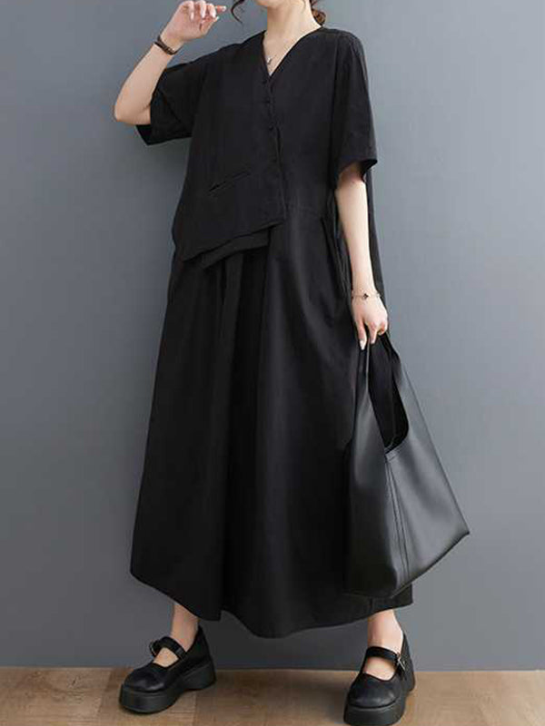Loose Short Sleeves Pleated Color Split-joint V-neck Midi Dresses