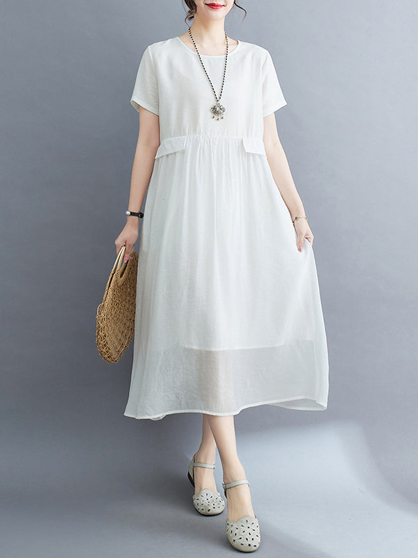 Loose Short Sleeves Gauze Color Split-joint Round-neck Midi Dresses