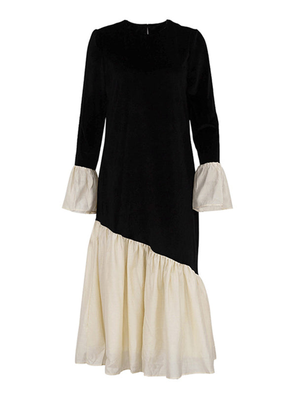 Flared Sleeves Long Sleeves Contrast Color Pleated Split-joint Round-neck Midi Dresses
