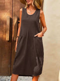 Loose Sleeveless Pleated Color Split-joint Round-neck Midi Dresses