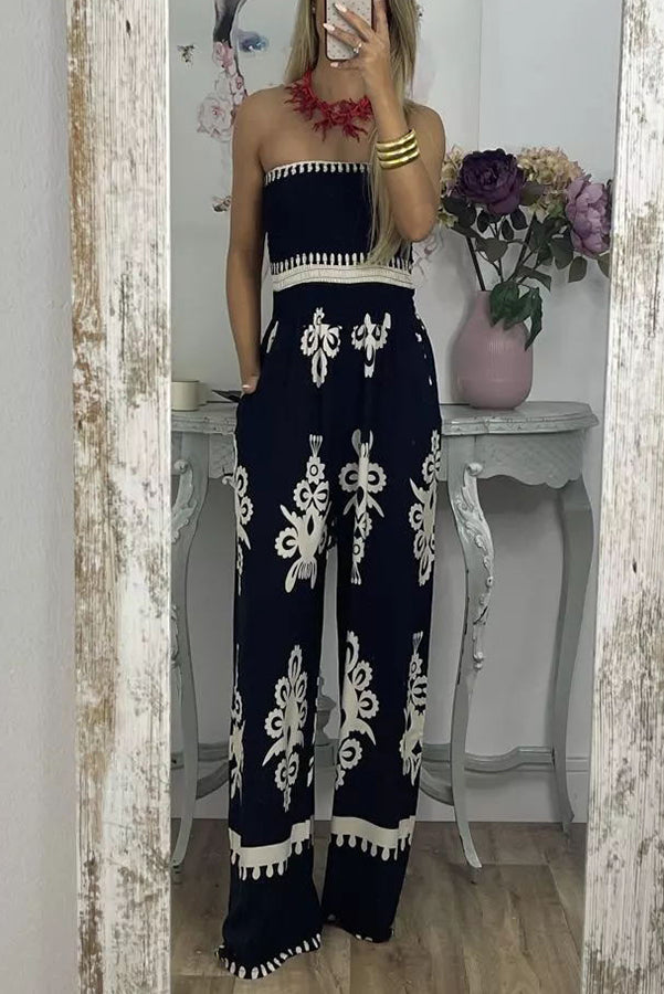 Larsen Print Off Shooulder Smocked Bust Pocketed Jumpsuit
