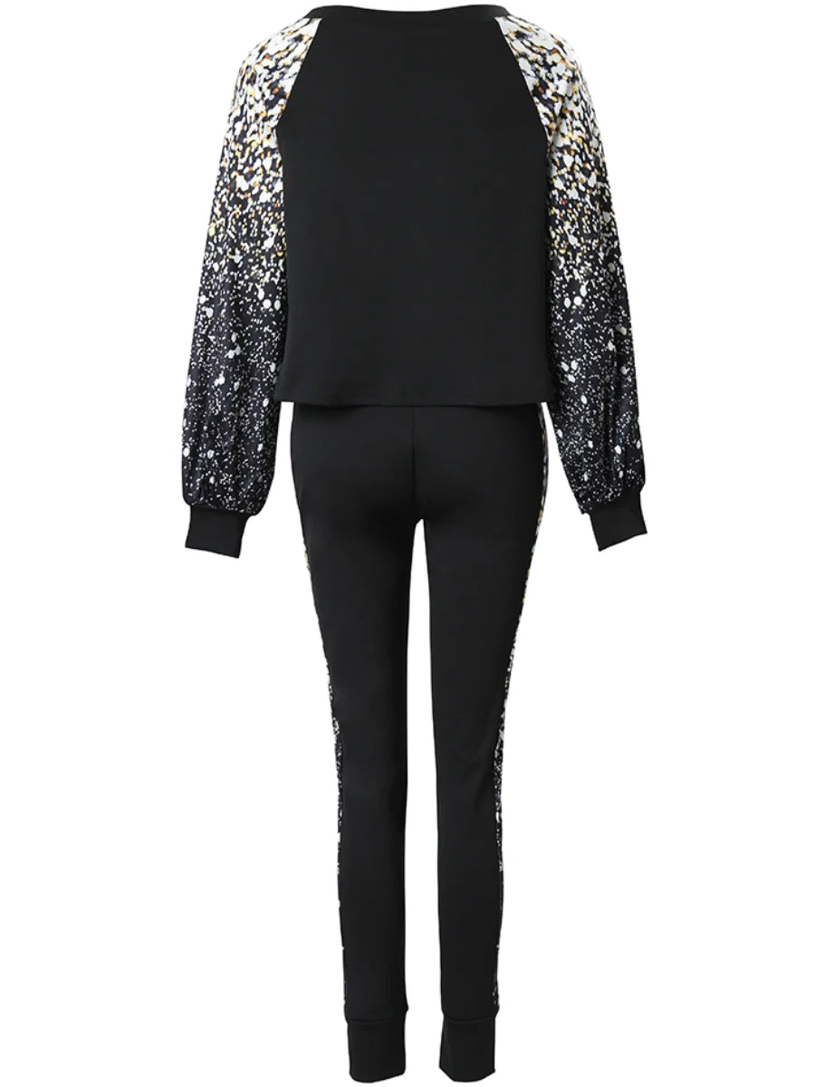 Lantern Sleeve Gradient Print Skinny Pants Set Autumn Winter High Elasticity 2pc Tracksuits Outfits