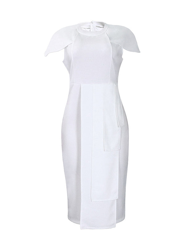 Short Sleeves Skinny Pleated Color Split-back Split-front Split-joint Round-neck Midi Dresses
