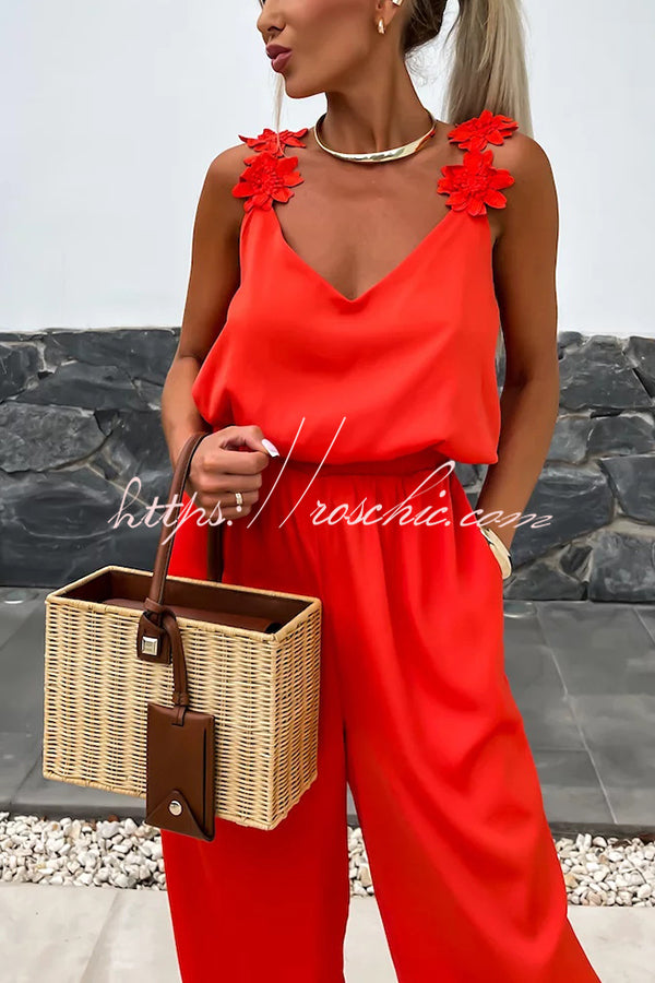 Color Embroidered Flower Suspenders Loose Jumpsuit