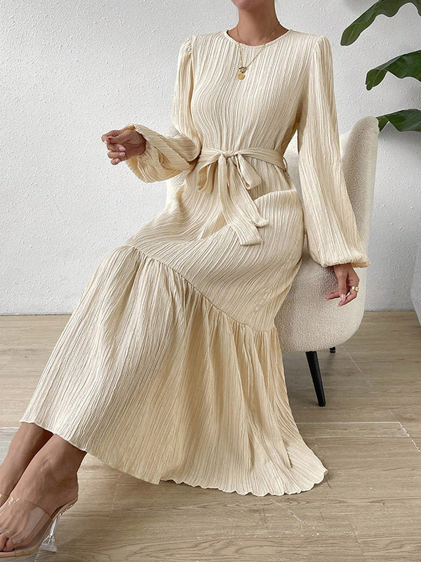A-line Long Sleeves Elasticity Pleated Color Split-joint Tied Waist Round-neck Midi Dresses