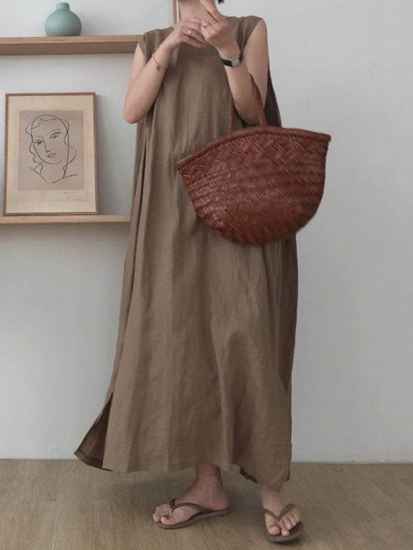 Simple Color Split-side Round-neck Sleeveless Midi Dress