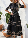 A-line Half Sleeves Buttoned Tied Waist Lapel Midi Dresses