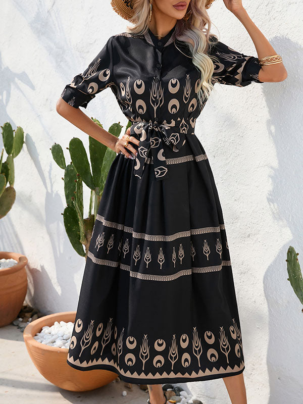 A-line Half Sleeves Buttoned Tied Waist Lapel Midi Dresses