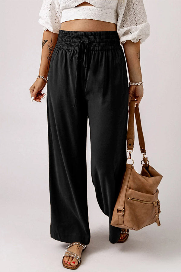 Drawstring Shirred Elastic Waist Wide Leg Pants