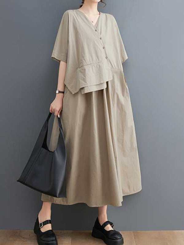 Loose Short Sleeves Pleated Color Split-joint V-neck Midi Dresses