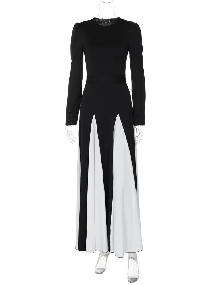 Patchwork Contrast Dress Female Lace-up Party Dress Slim High Waist Bandage Gown ’s Maxi Dress