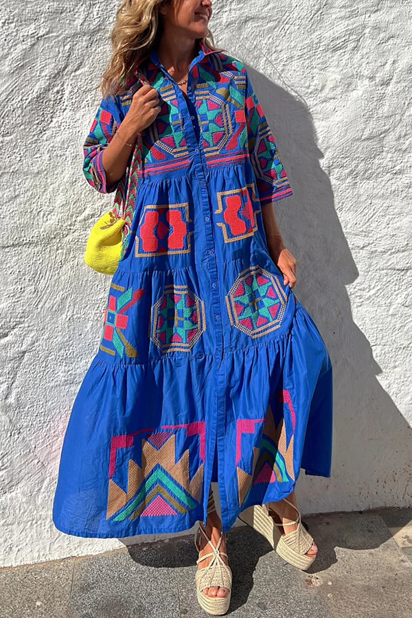 Take Me to Cabo Unique Print Button Loose Shirt Midi Dress