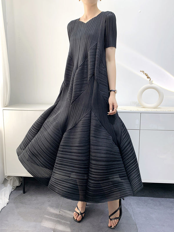 Loose Short Sleeves Pleated Color Split-joint V-neck Midi Dresses