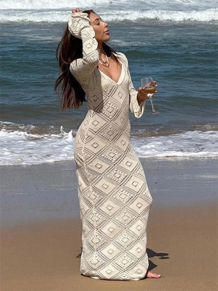 See-through Loose Dress Flared Sleeve for Backless Hollow Out Holiday Beach Outfits V-neck Pullover Maxi Dress