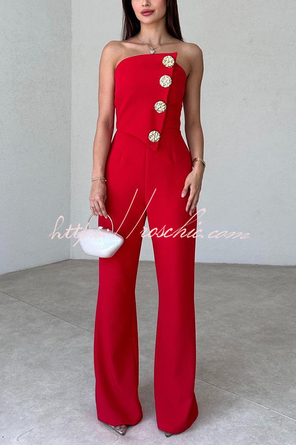 Color Tube Top Gold Button Embellished Bootcut Jumpsuit