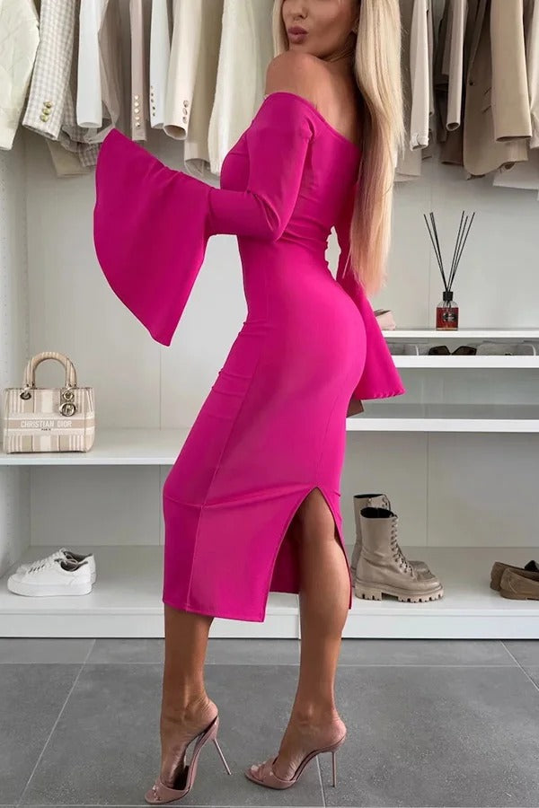 Color Off-shoulder Trumpet Sleeve Slim Midi Dress