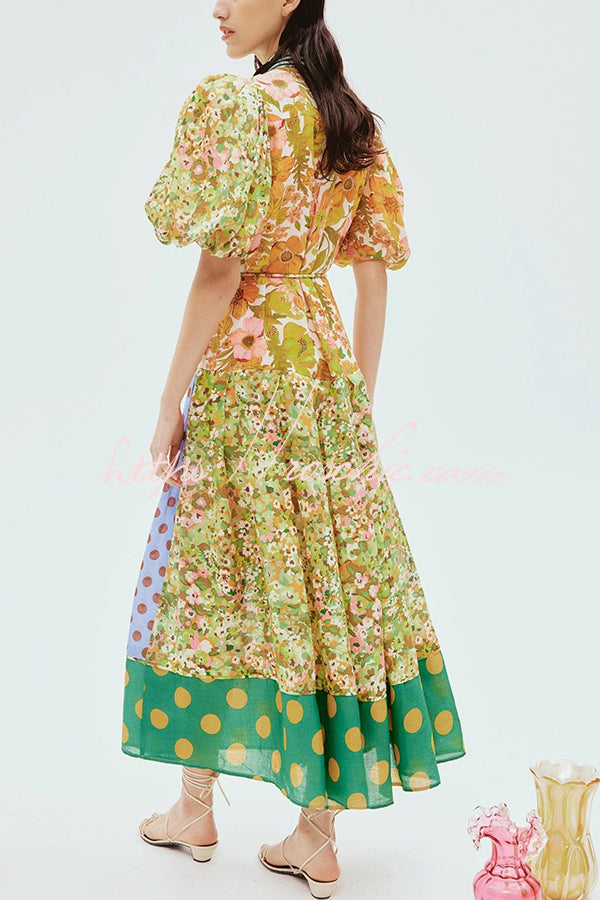Linen Blend Unique Print Lapel Puff Sleeve Midi Dress