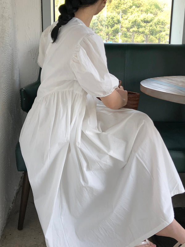 Original Loose Color Pleated Puff Sleeves Midi Dress