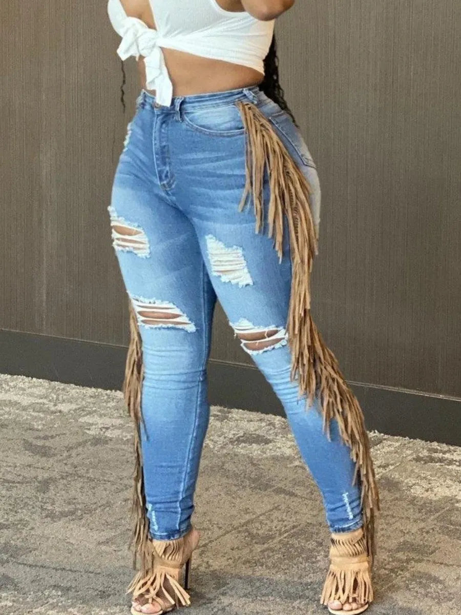Summer Jeans Tassel Design Ripped Skinny Pants Y2k High Street Cargo Pants