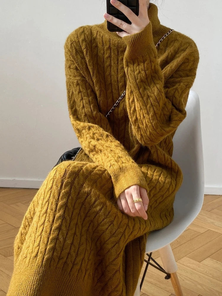 Knitted Long Dress Loose Long Sleeve Turtleneck Pullover Femme Retro Warm Sweater Knitwear Cover Up
