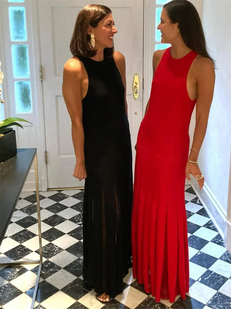 Knit Patchwork Maxi Dress Female Sleeveless See-through High Waist Party Dress ’s Knitwear Dress