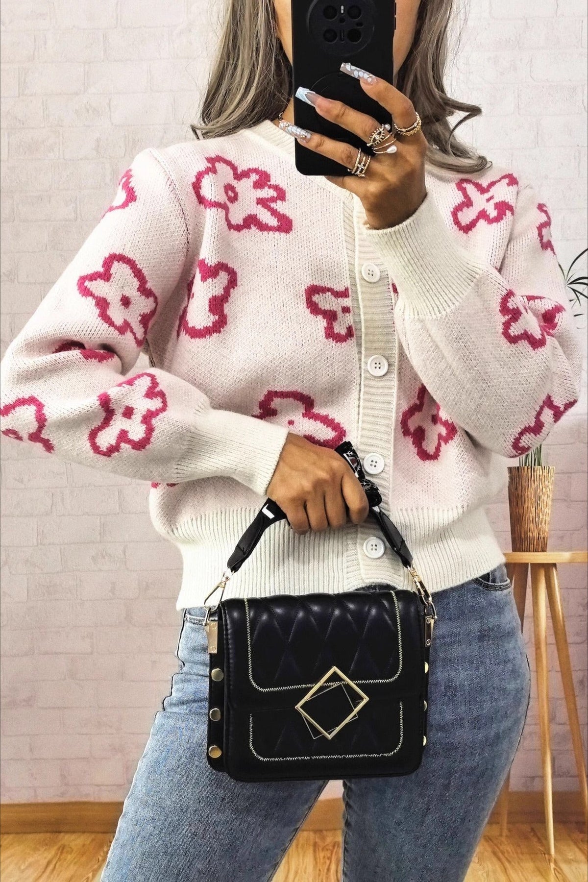 Jacquard Short Single-row Button Knit Cardigan