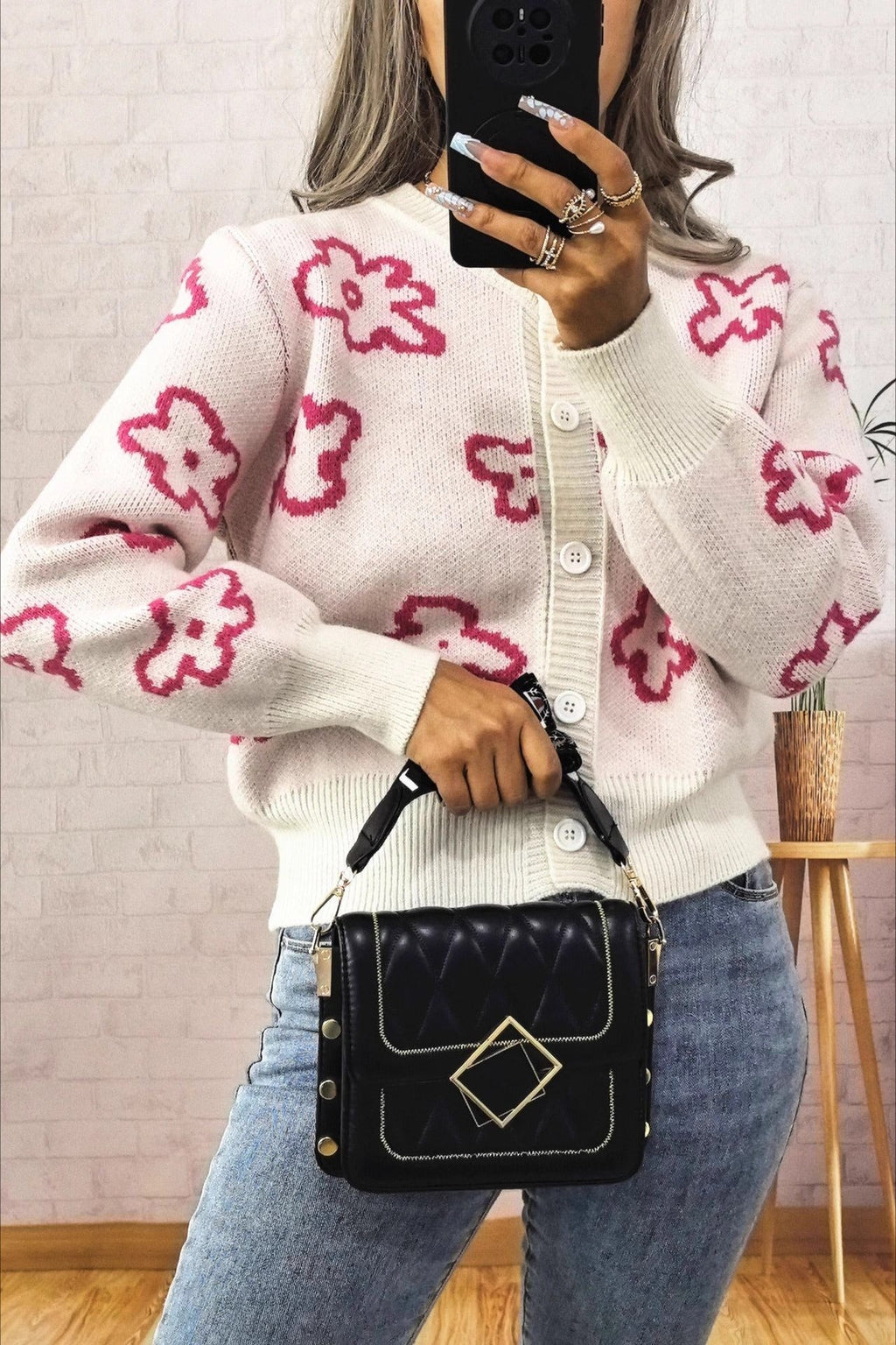 Jacquard Short Single-row Button Knit Cardigan