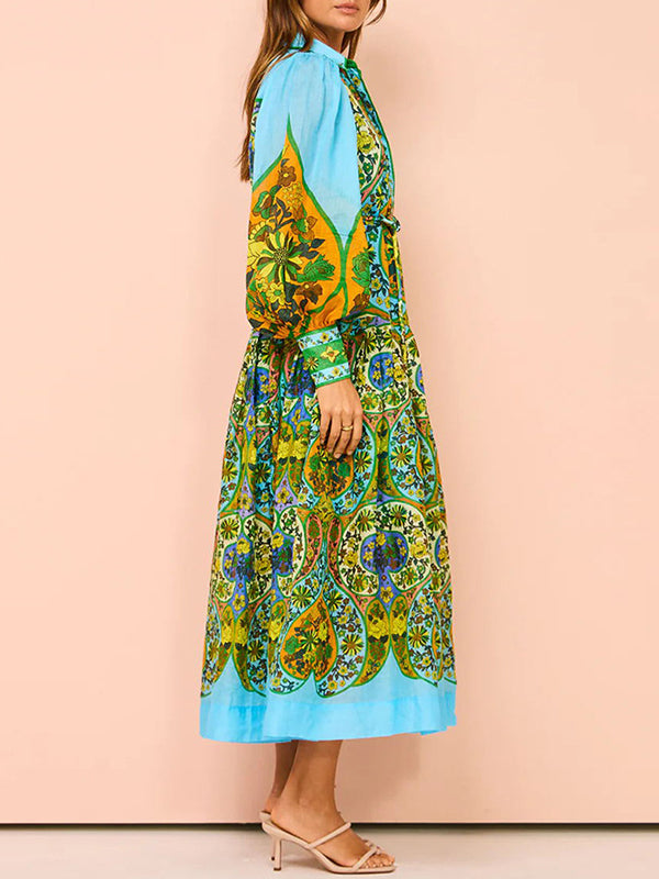 High Waisted Loose Puff Sleeves Belted Printed Lapel Midi Dresses