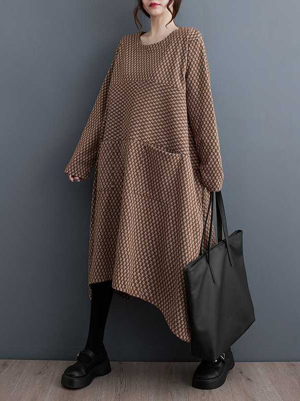 Long Sleeves Loose Pockets Printed Split-joint Split-side Round-neck Midi Dresses