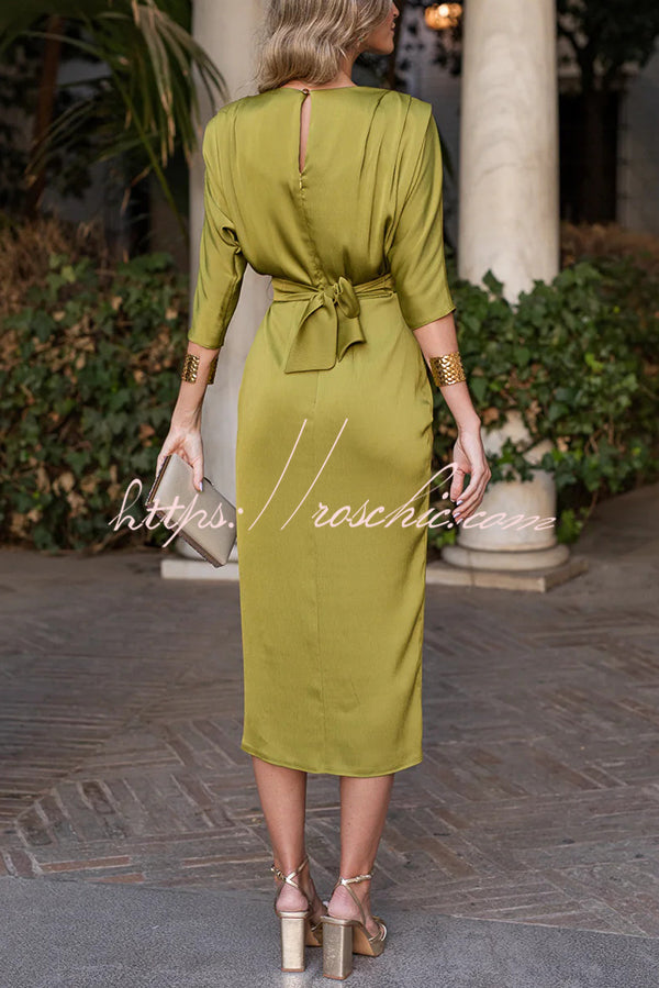 Satin Color Round Neck Half Sleeve Waist Midi Dress