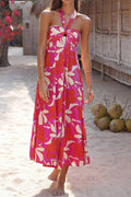 Halterneck Print Berry Lotus Midi Dress