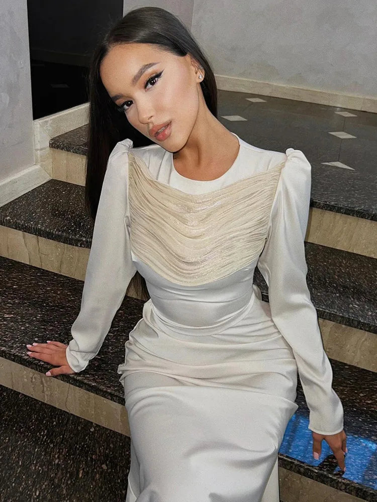 Satin Long Sleeved Bodycon Maxi Dress for Slim Pleated Vestido Autumn/winter New Party Evening Dress